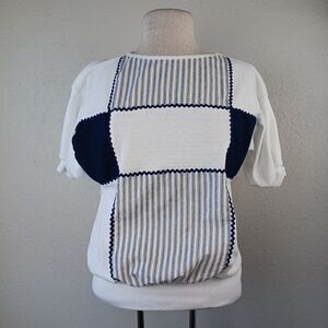 Vintage D.K. Gold Women's Blue and White Patchwork 💙 Shirt Size M